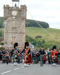Massed pipe bands in Dufftown